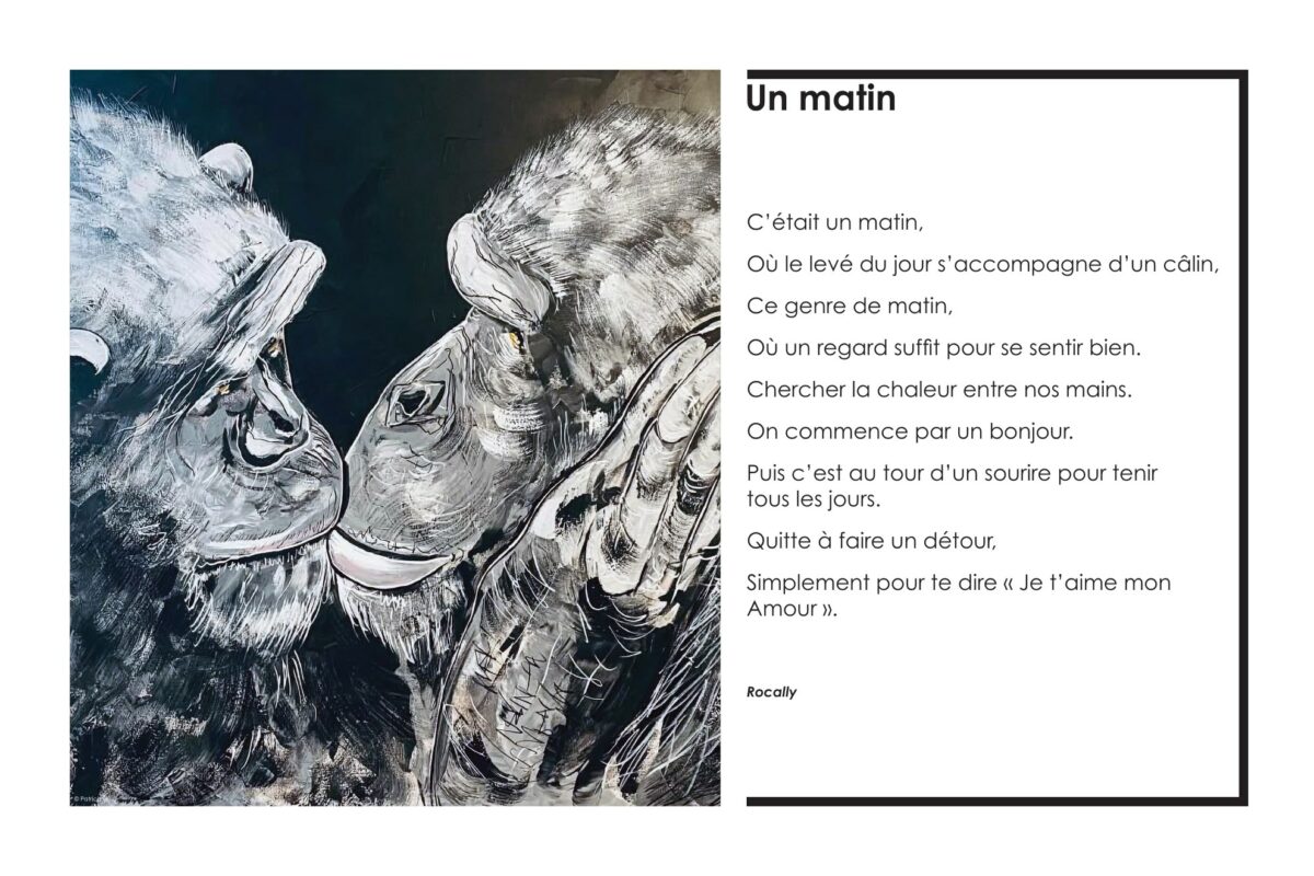Panneau « Un matin » : deux primates se font face dans une œuvre de Patrice Roig, à côté du poème de Rocally.